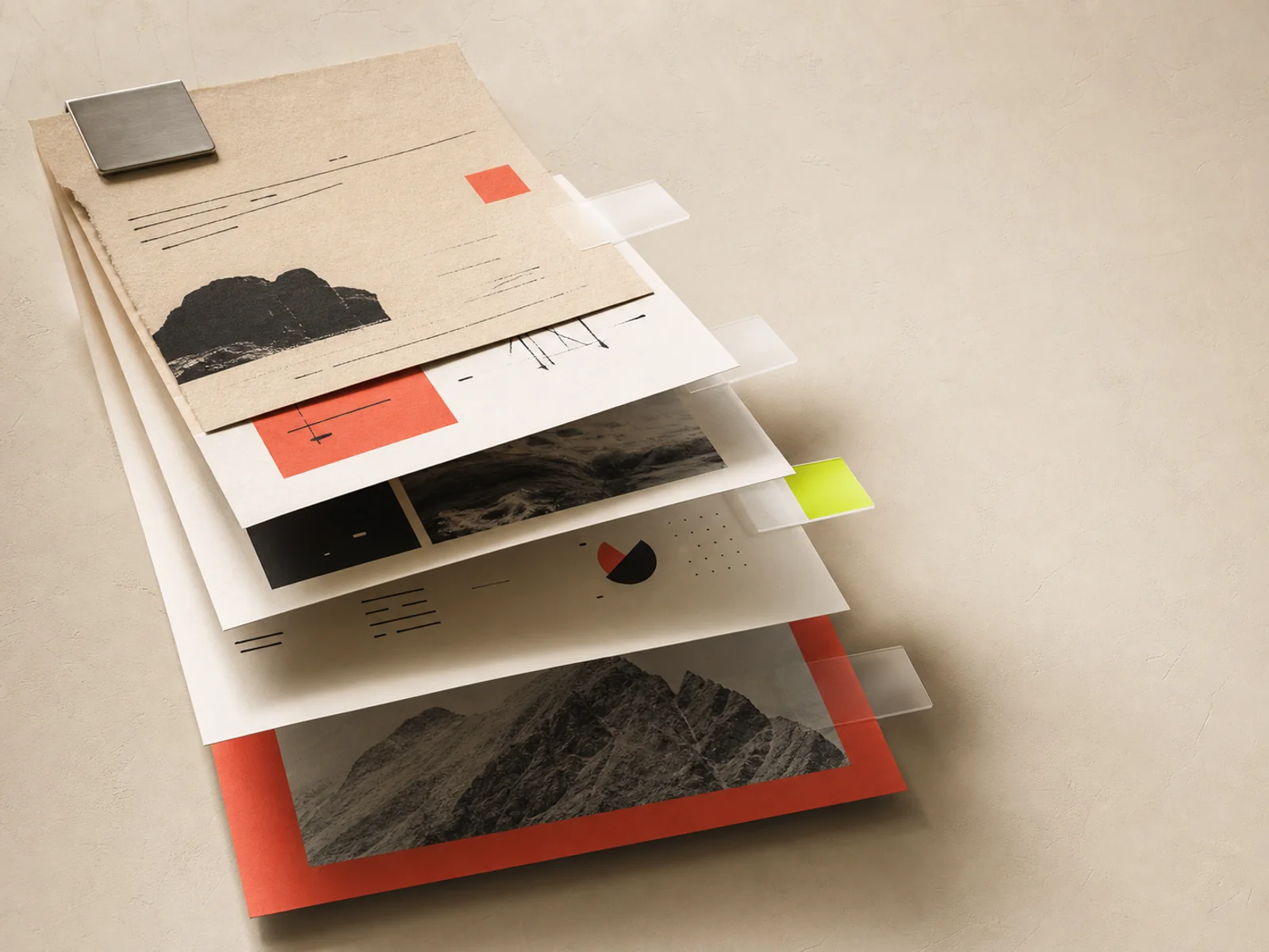 Layered editorial presentation sheets unfolding into a finished deck